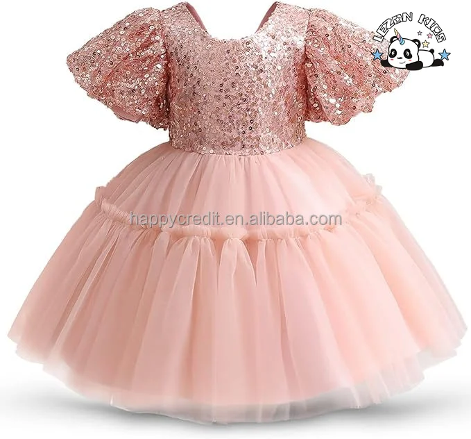 LEZONKIDS - Vestidos Infantis de Festa com Manga Bufante Brilhante e Lantejoulas Personalizáveis com Malha de Renda para Meninas Pequenas